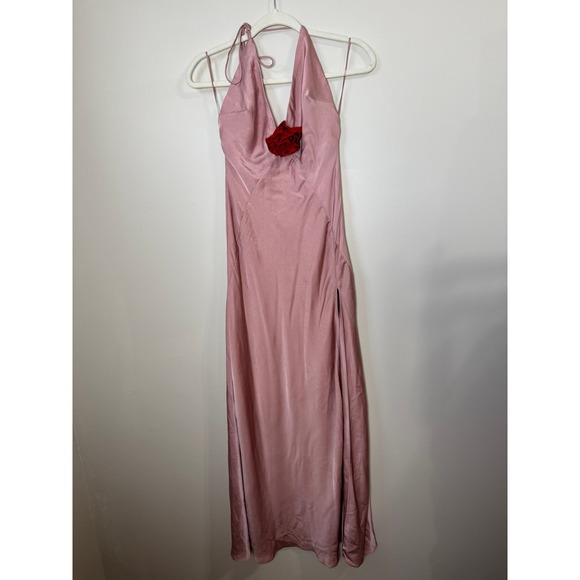 Bardot Aradia Pink Silk Halter Neck Maxi Dress Red Rose Accent - Picture 3 of 9